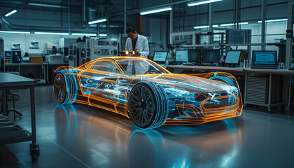 Engineer with holographic car projection in lab