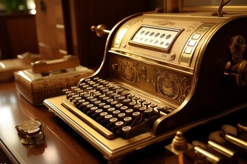 This is an image of a vintage typewriter. It has a beautiful gold-colored body and black keys. The typewriter is sitting on a wooden table.