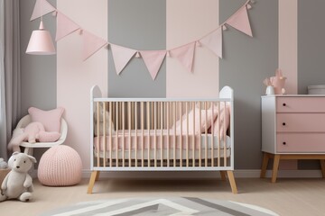 This nursery is perfect for a baby girl. The soft pink and gray color scheme is calming and inviting, and the crib is the perfect place for your little one to sleep.