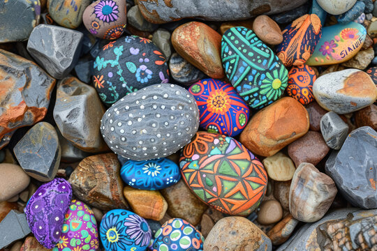 colorful mandala painted rocks collection