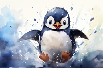 Fototapeta premium A cute penguin is jumping out of the water. It looks very happy. The background is white with light blue watercolor.
