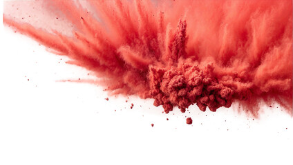 Vivid image capturing a vibrant explosion of red powder creating a dynamic and intense visual effect against a white background
