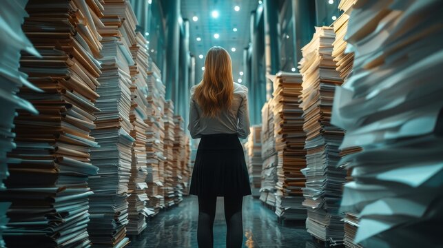 Woman standing between towering piles of paperwork in a futuristic archive, concept of data management and overload