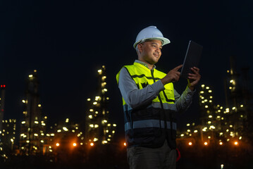 Night scene. Happy handsome Asian man petrochemical engineer working with digital tablet. He going...