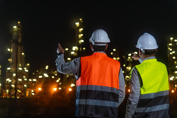 Night scene. Back view of Asian man petrochemical engineers working with tablet and walkie talkie....