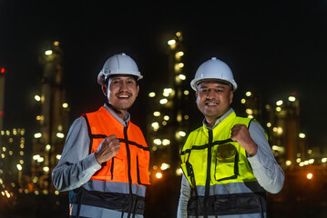 Happy handsome Asian man petrochemical engineers using digital tablet working and shaking hands...