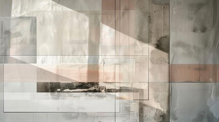 Abstract composition with transparent layers muted tones white wall as focus.