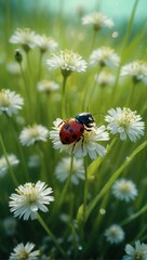 Obraz premium A ladybug's journey is captured as it traverses a field of delicate white blossoms