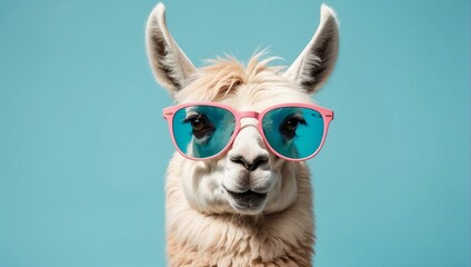 Fototapeta premium A single llama with a comical expression sports oversized pink sunglasses against a soft blue background in a humorous portrait