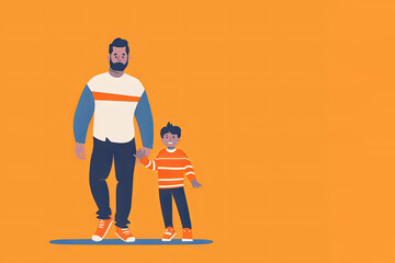 Father and son stand holding hands on an orange background. place for text. bright picture