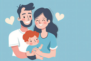 happy family on a blue background holding their little son in their arms. place for text. family concept. care concept. concept picture