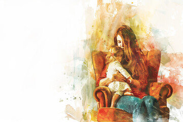 mother with long, dark hair hugs a small child while sitting on a chair. place for text. family concept. mothers Day. stylish watercolor picture.