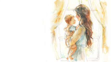 a beautiful mother with long, dark hair hugs her little son while standing near the window. place for text. family concept. mothers Day. stylish watercolor picture