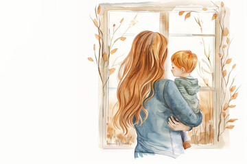red-haired mother holds her little red-haired son in her arms while standing near the window. place for text. family concept. care concept. mothers Day. autumn watercolor painting