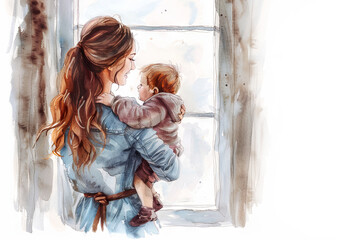a beautiful mother with long, dark hair hugs her little son while standing near the window. place for text. family concept. care concept. mothers Day. watercolor painting