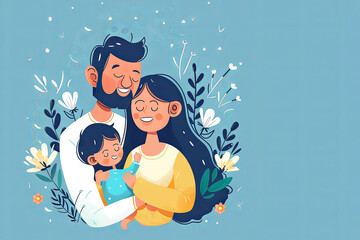 happy family on a blue background holding their little son in their arms. place for text. family concept. care concept. concept card. St. Valentine's Day
