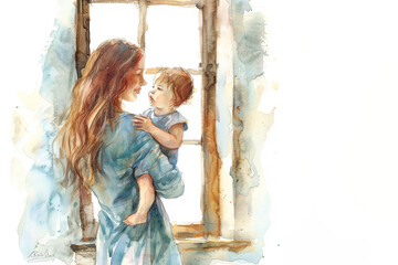 a beautiful mother with long, dark hair hugs her little son while standing near the window. place for text. family concept. care concept. mothers Day. watercolor painting