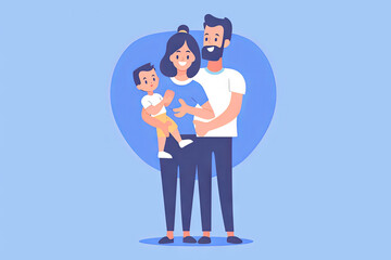 happy family on a blue background holding their little son in their arms. place for text. family concept. care concept. concept card. St. Valentine's Day