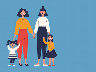 Two beautiful mothers on a blue background are walking with their daughters. place for text. happy lesbian family family concept. concept card. mothers Day