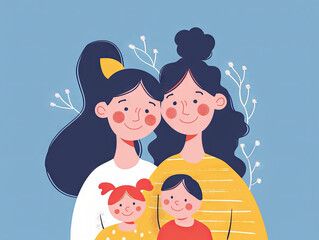 Two beautiful mothers on a blue background hold their daughter and son in their arms. place for text. happy lesbian family family concept. concept card. mothers Day