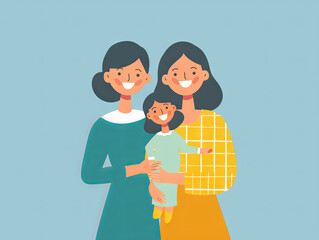 Two beautiful mothers on a blue background are holding their baby in their arms. place for text. happy lesbian family family concept. concept card. mothers Day