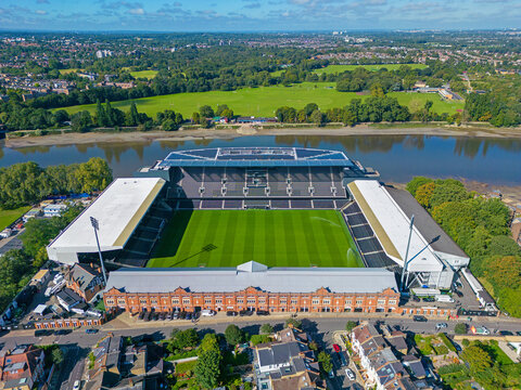 Fulham, London. United Kingdom. 08.15.2023 Aerial image of Craven Cottage Stadium. Fulham Football Club. Along the River Thames. 15th August 2023