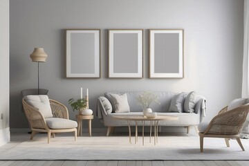 mock up wall art modern living room with sofa portrait