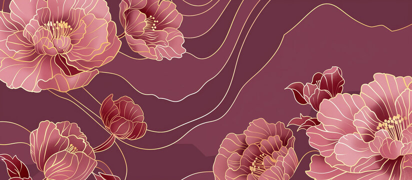 red luxury peony flower pattern golden line banner background