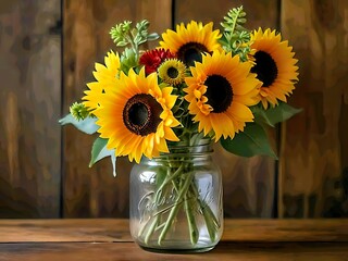 vibrant bouquet of fresh sunflowers and mixed flowers in a clear glass jar on a wooden surface with a rustic background
