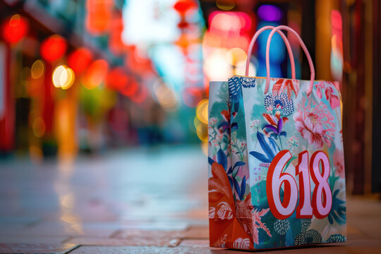 chinese shopping festival themed tote bag with floral pattern and number 618 in night street setting