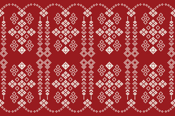 Traditional ethnic motifs ikat geometric fabric pattern cross stitch.Ikat embroidery Ethnic oriental Pixel red background. Abstract,vector,illustration. Texture,christmas,decoration,wallpaper.