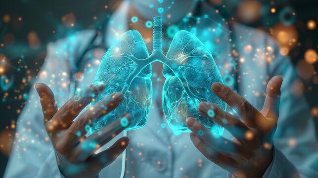 The image shows a doctor holding a pair of lungs in his hands
