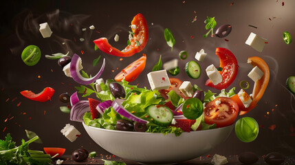 A bowl of salad with a variety of vegetables including tomatoes, cucumbers, and olives. The bowl is overflowing with the vegetables, and it looks like they are flying out of the bowl