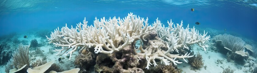 Obraz premium A scuba diver swims over a bleached coral reef.