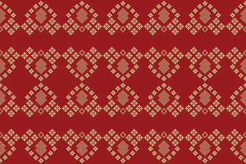 Traditional ethnic motifs ikat geometric fabric pattern cross stitch.Ikat embroidery Ethnic oriental Pixel red background. Abstract,vector,illustration. Texture,christmas,decoration,wallpaper.