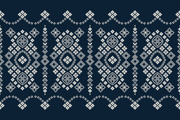 Traditional ethnic motifs ikat geometric fabric pattern cross stitch.Ikat embroidery Ethnic oriental Pixel navy blue background. Abstract,vector,illustration. Texture,decoration,wallpaper.