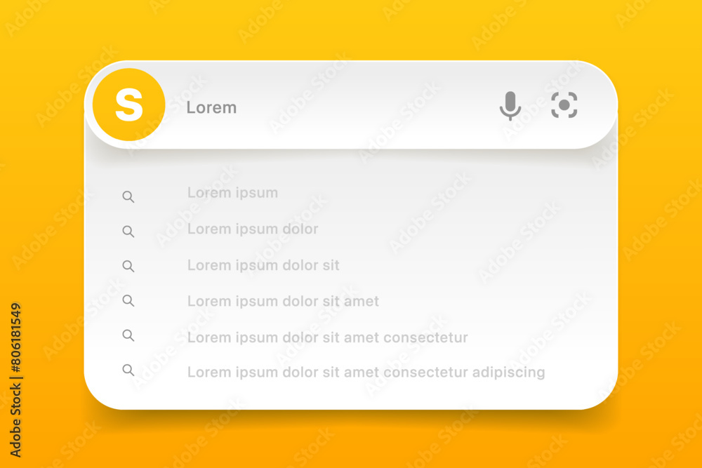 Poster Search Bar with suggestions for UI UX design and web site. Search Address and navigation bar icon. Collection of search form templates for websites. Search engine web browser window template.