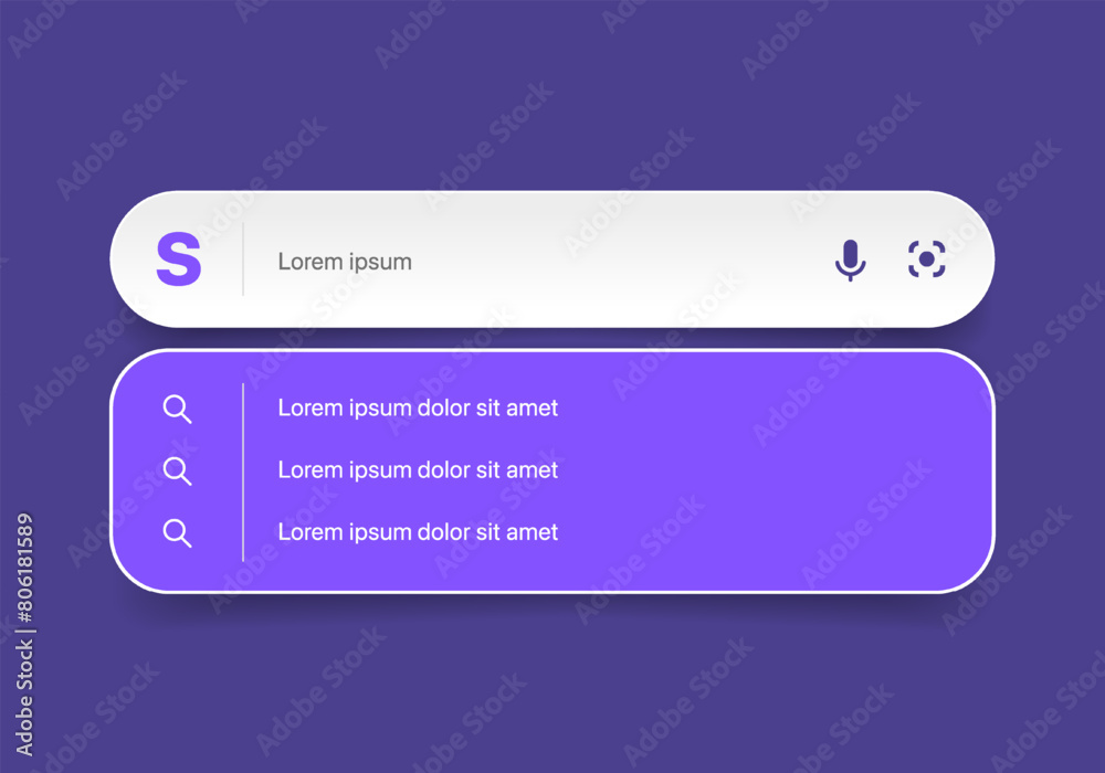 Aufkleber Search Bar with suggestions for UI UX design and web site. Search Address and navigation bar icon. Collection of search form templates for websites. Search engine web browser window template.