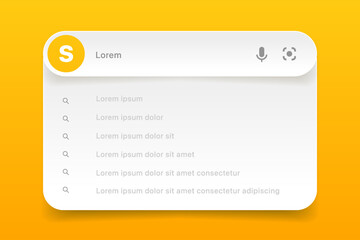 Search Bar with suggestions for UI UX design and web site. Search Address and navigation bar icon. Collection of search form templates for websites. Search engine web browser window template.