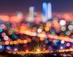 Vibrant, multi-colored bokeh balls representing city lights at night