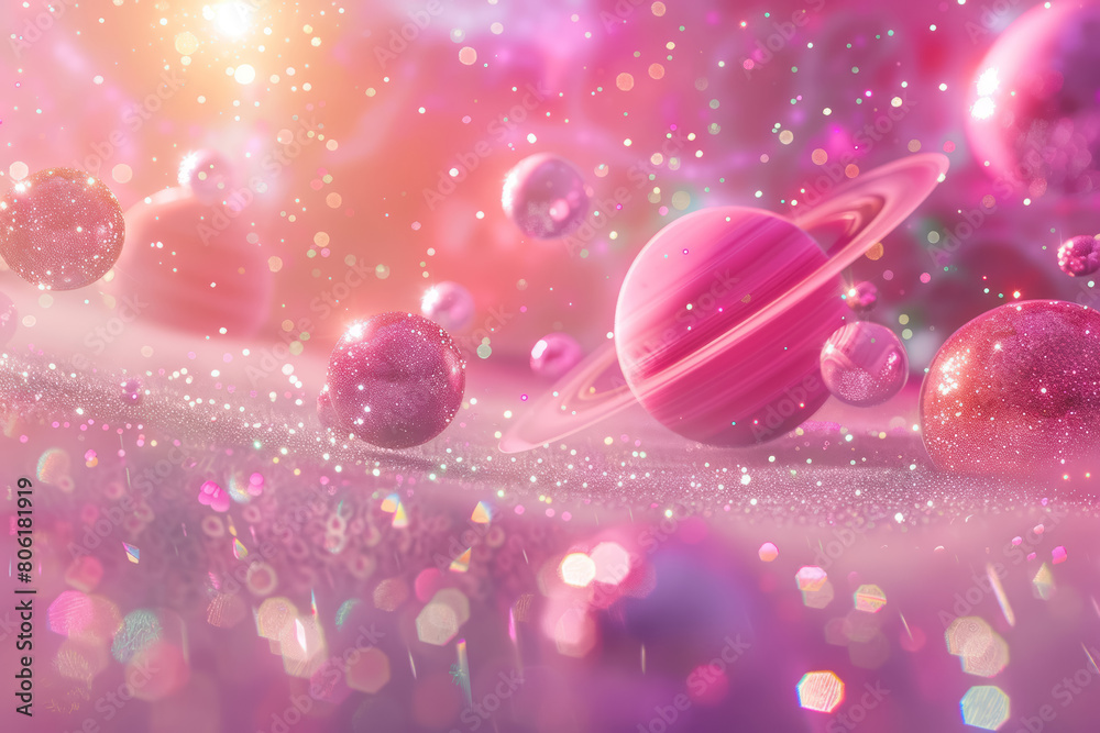 Wall mural surreal pink planets in a sparkling galactic setting