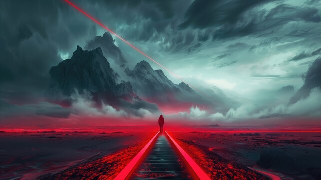 Abstract night illustration of a person silhouette at distance against coudy nature landscape walking along the wide red staircase to the mountains