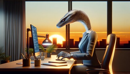 A photo of a snake in a suit working at a desk in an office