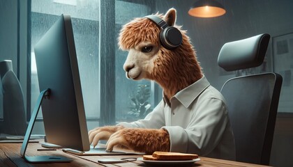 An alpaca wearing headphones is sitting at a desk in an office, working on a computer.