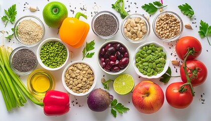 Colorful spread of green apples, red tomatoes, orange bell peppers, chia seeds, and kidney beans on a white backdrop
