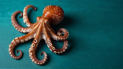 Fototapeta premium An octopus with textured skin and suction cups is spread out against a teal background, giving a natural yet mysterious vibe