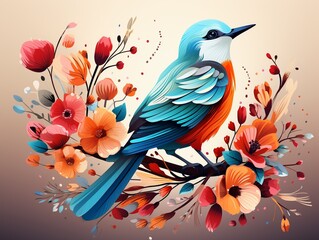 Charming vector illustration of a quirky bird with a multicolored flower, featuring high clarity and sharp contrast ,  clean and clear drawing