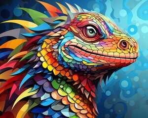 Expressive vector illustration of a colorful, abstract female face of chameleon with floral and avian elements intertwined, sharp resolution ,  vector and illustration drawing graphic