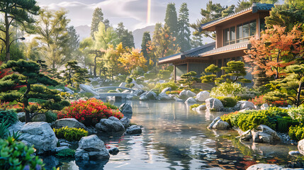 Fototapeta premium Tranquil Japanese Garden with Red Bridge Over a Koi Pond, Traditional Landscaping with Autumn Foliage