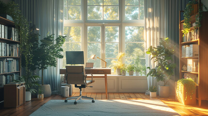 An airy home office space, illuminated by a large window, showcasing a simple desk and a comfortable chair.